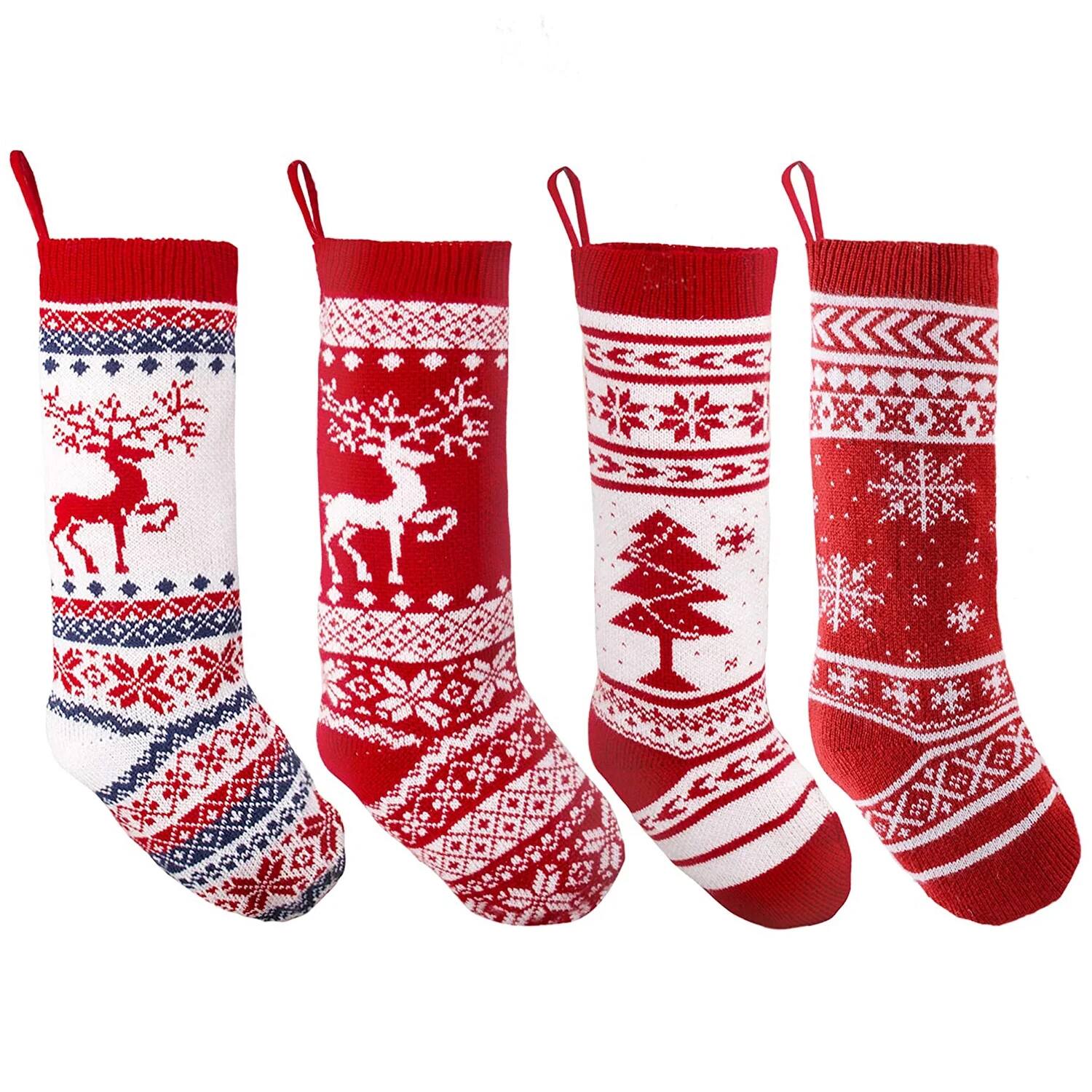 Front. MOVSSOU - 18" Knit Christmas Stockings Hanging Rustic Stocking 4 Pcs - red.
