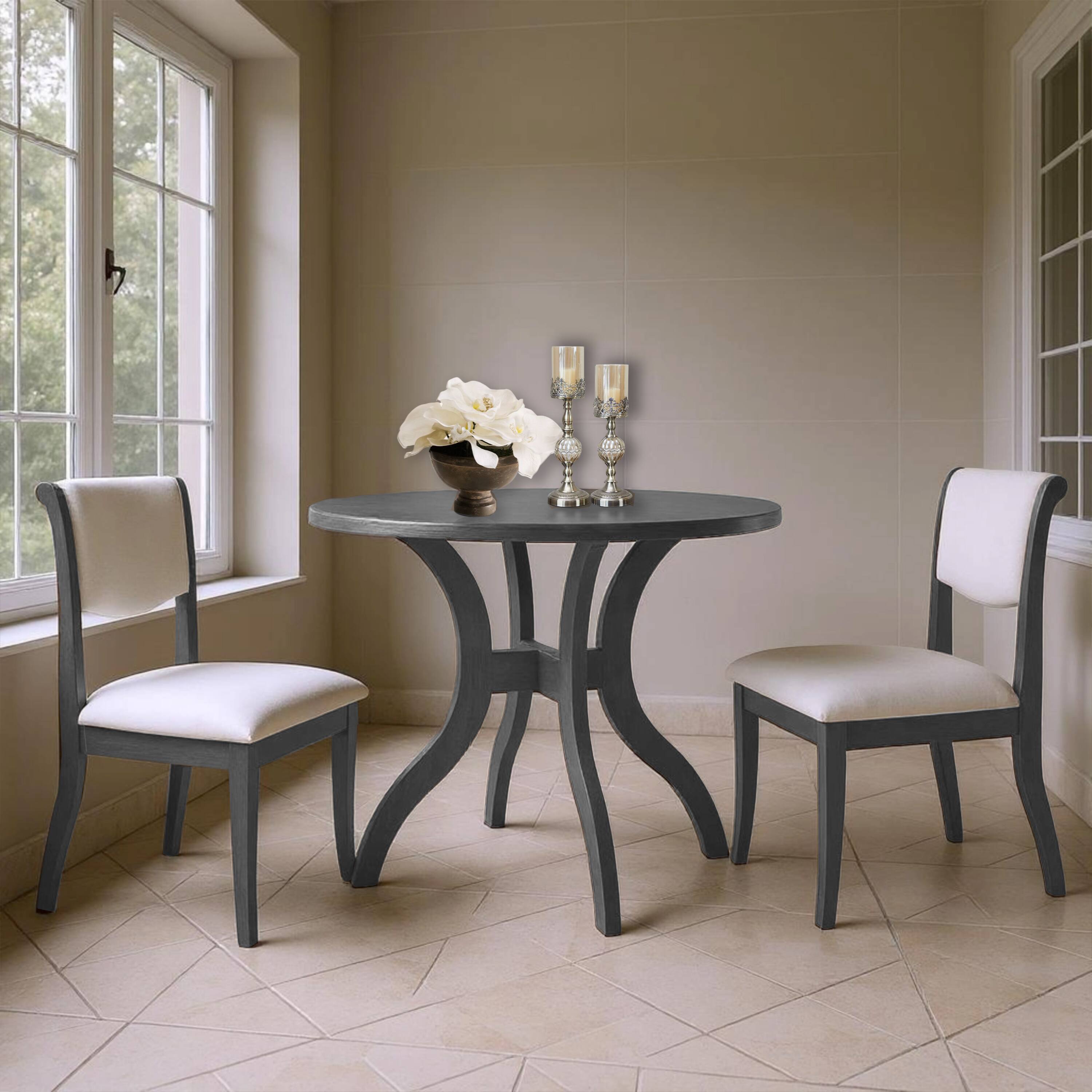 Angle. TinyHomie - Dining Table Set 39.4in Round Table 2 Chairs Traditional Solid Wood Kitchen Set with Inlaid Tabletop Elegant Curved Legs - Grey and White.