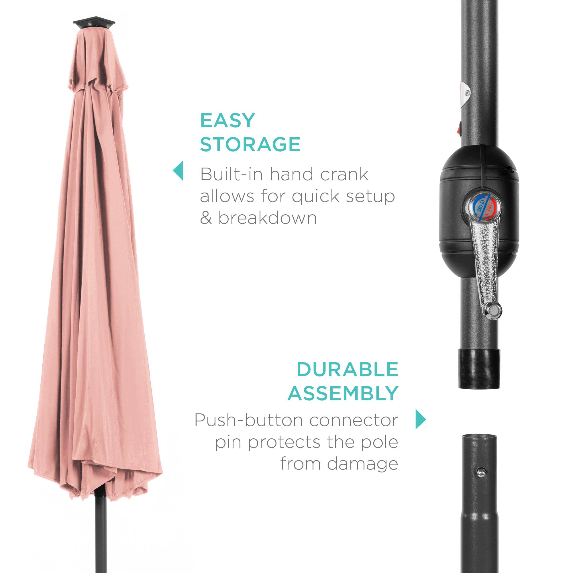 EASY STORAGE: Built-in hand crank allows for quick setup & breakdown.  
DURABLE ASSEMBLY: Push-button connector pin protects the pole from damage.
