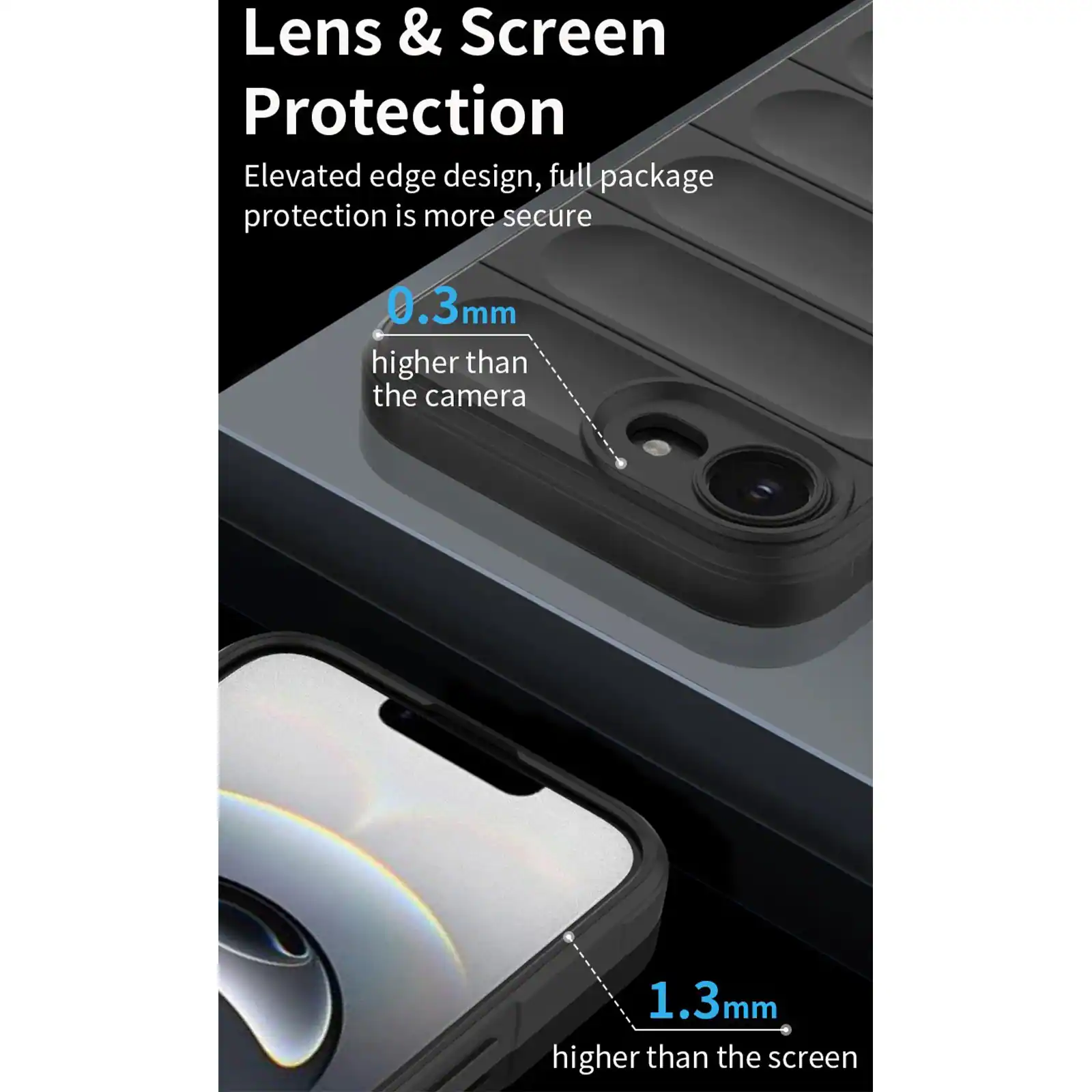 Lens & Screen Protection  
Elevated edge design, full package protection is more secure  
0.3mm higher than the camera  
1.3mm higher than the screen