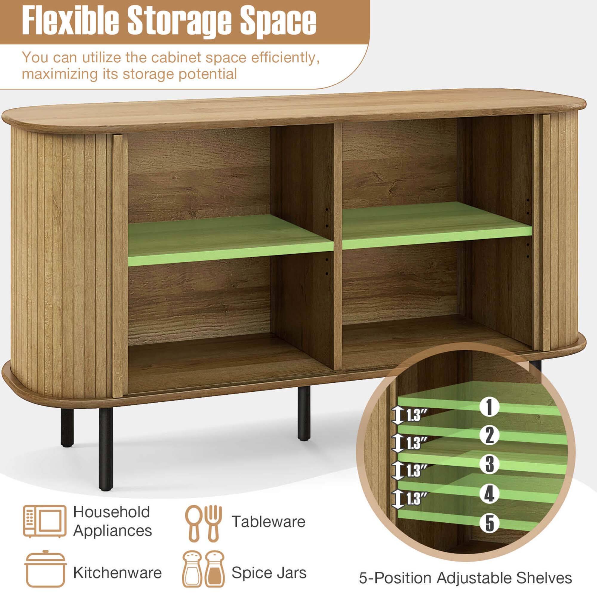 Flexible Storage Space: You can utilize the cabinet space efficiently, maximizing its storage potential. The image features a wooden cabinet with a green shelf and a 5-position adjustable shelves. The cabinet is designed to hold various household items such as appliances, tableware, kitchenware, and spice jars. The adjustable shelves allow for easy organization and access to the stored items. The cabinet is a practical solution for optimizing space in your home.