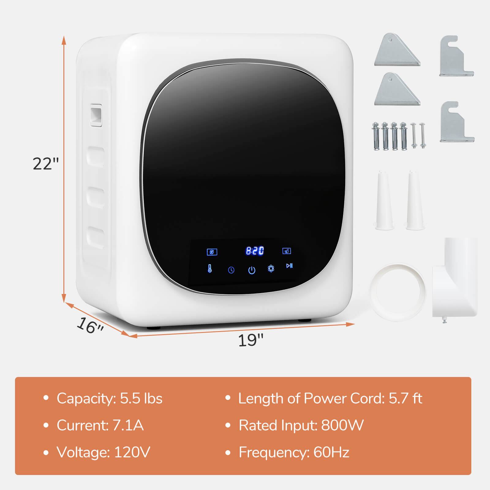 - Capacity: 5.5 lbs
- Current: 7.1A
- Voltage: 120V
- Length of Power Cord: 5.7 ft
- Rated Input: 800W
- Frequency: 60Hz

Dimensions:
- Height: 22"
- Width: 19"
- Depth: 16"