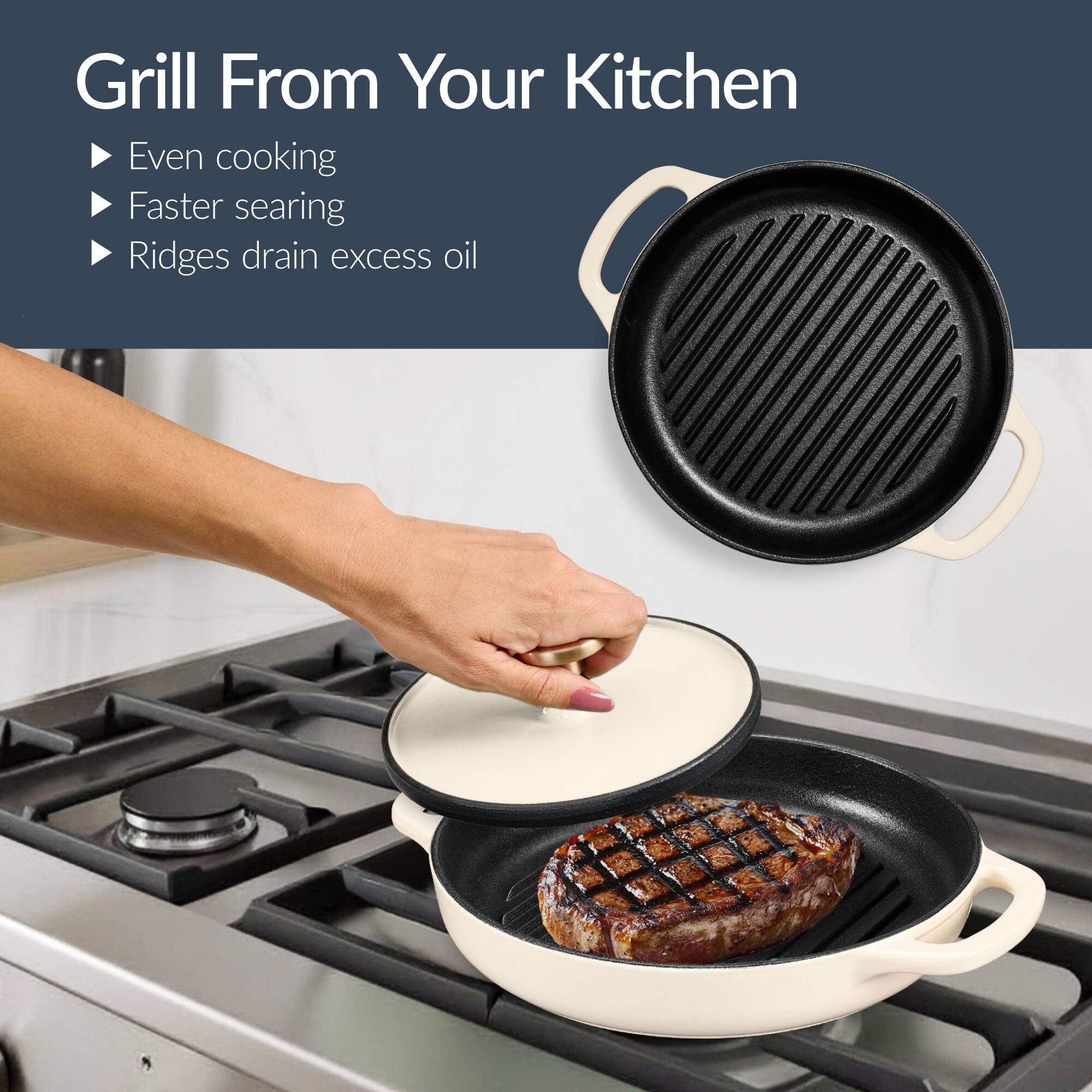 Grill From Your Kitchen

- Even cooking
- Faster searing
- Ridges drain excess oil