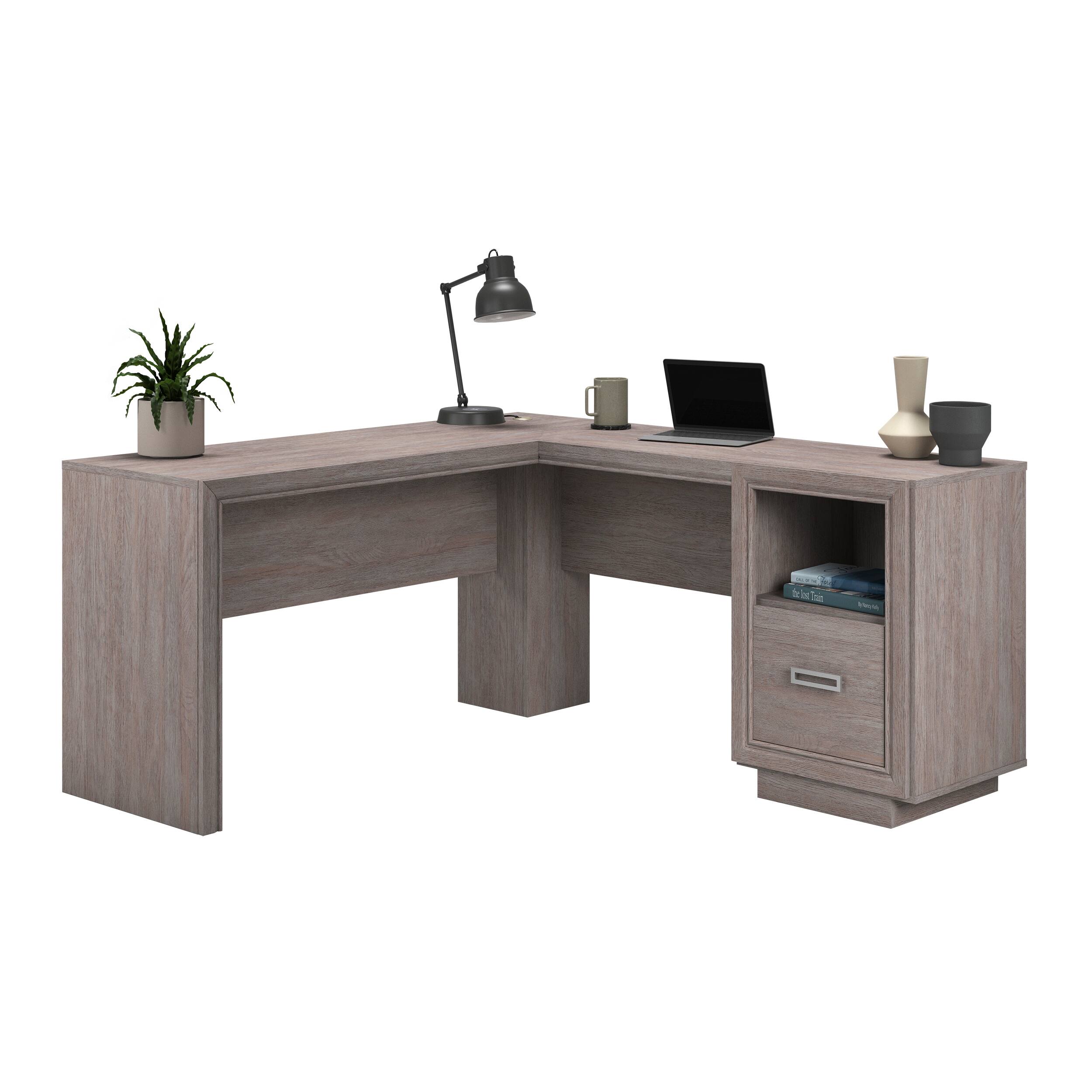 Angle. Spaco - L-Shaped Computer Desk, Cord Management, File Drawer and Storage Shelf - Brown.