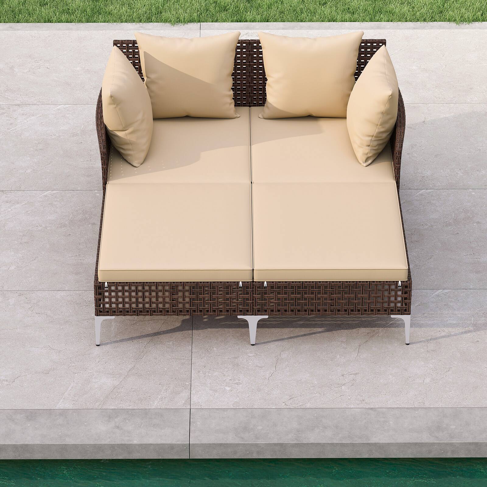 Back. SlickBlue - Rattan Double Daybed with Wicker Frame, Perfect for Outdoor Lounging - Brown.
