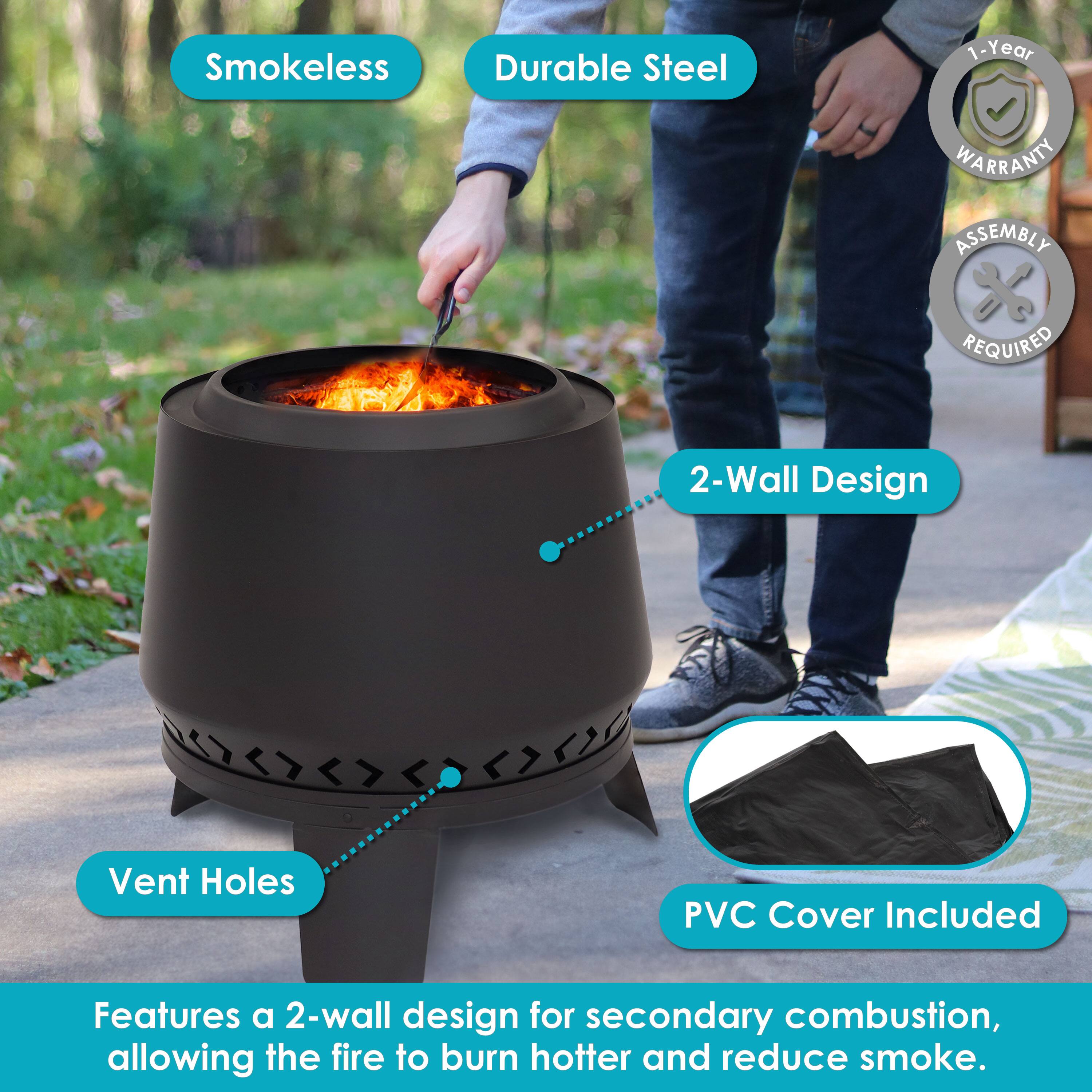 Smokeless Durable Steel  
1-Year Warranty  
Assembly Required  
2-Wall Design  
Vent Holes  
PVC Cover Included  

Features a 2-wall design for secondary combustion, allowing the fire to burn hotter and reduce smoke.