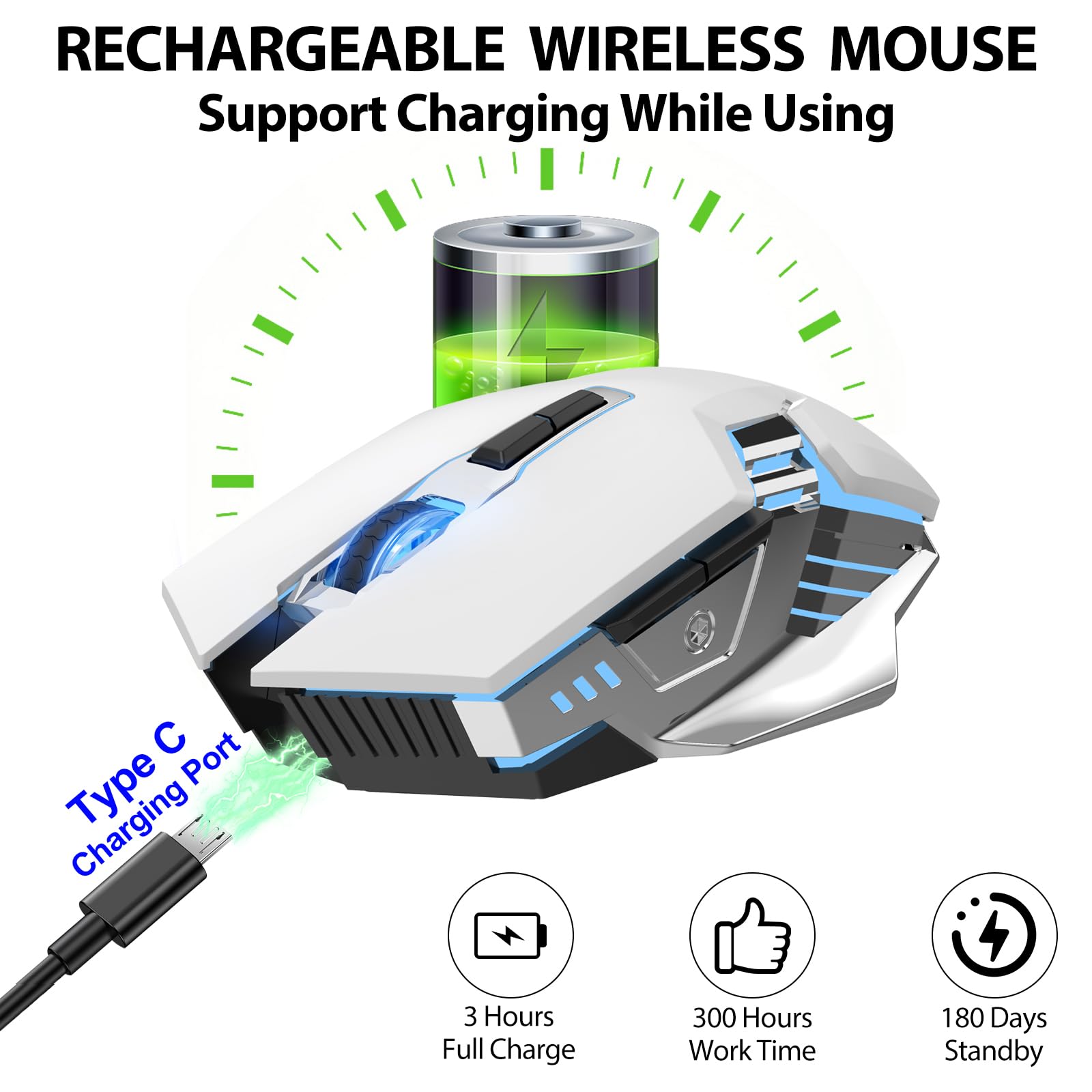 RECHARGEABLE WIRELESS MOUSE  
Support Charging While Using  

Type C Charging Port  

3 Hours Full Charge  
300 Hours Work Time  
180 Days Standby