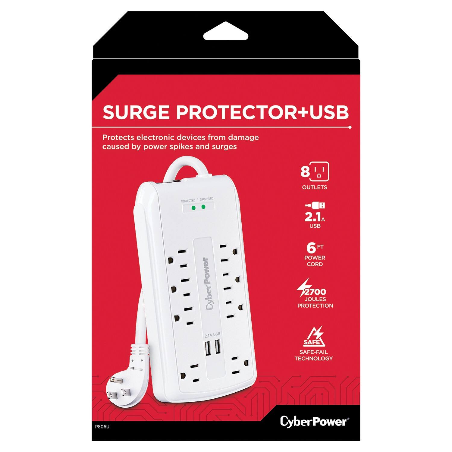 SURGE PROTECTOR+USB  
Protects electronic devices from damage caused by power spikes and surges  

- 8 OUTLETS  
- 2.1A USB  
- 6 FT POWER CORD  
- 2700 JOULES PROTECTION  
- SAFE-FAIL TECHNOLOGY  

CyberPower
