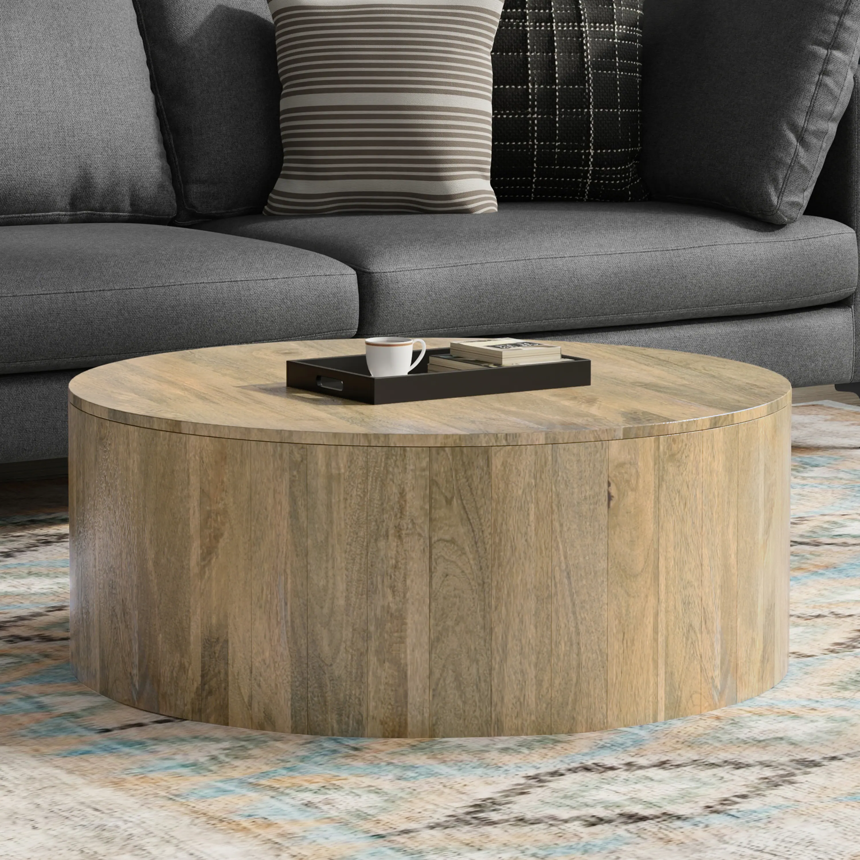 Angle. Simpli Home - Millbury SOLID MANGO WOOD 36 inch Wide Round Contemporary Drum Coffee Table in Briarsmoke, Fully Assembled - Briarsmoke.