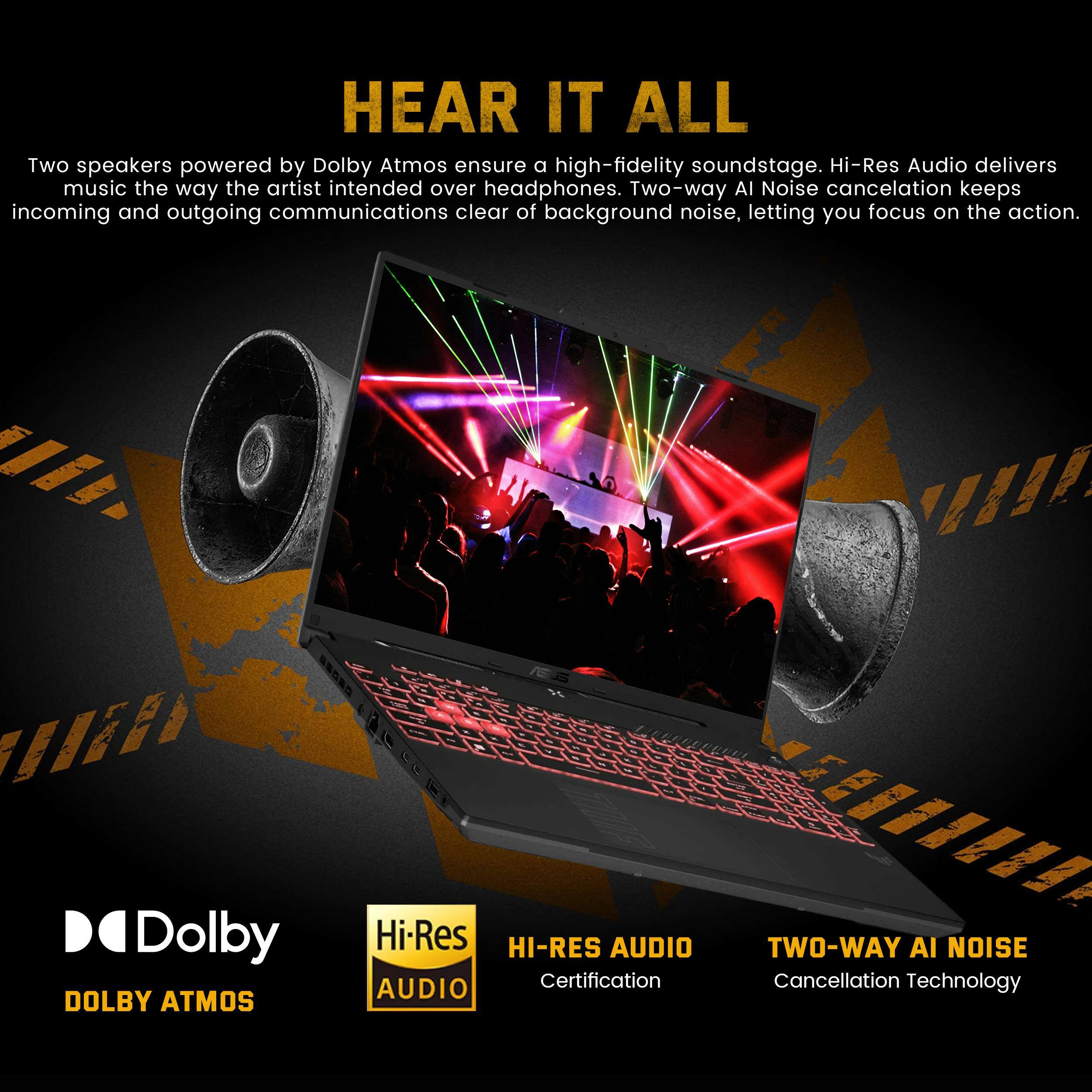 HEAR IT ALL
Two speakers powered by Dolby Atmos ensure a high-fidelity soundstage. Hi-Res Audio delivers music the way the artist intended over headphones. Two-way AI Noise cancellation keeps incoming and outgoing communications clear of background noise, letting you focus on the action.
- Dolby Atmos
- Hi-Res Audio
- Hi-Res Audio Certification
- Two-Way AI Noise Cancellation Technology
