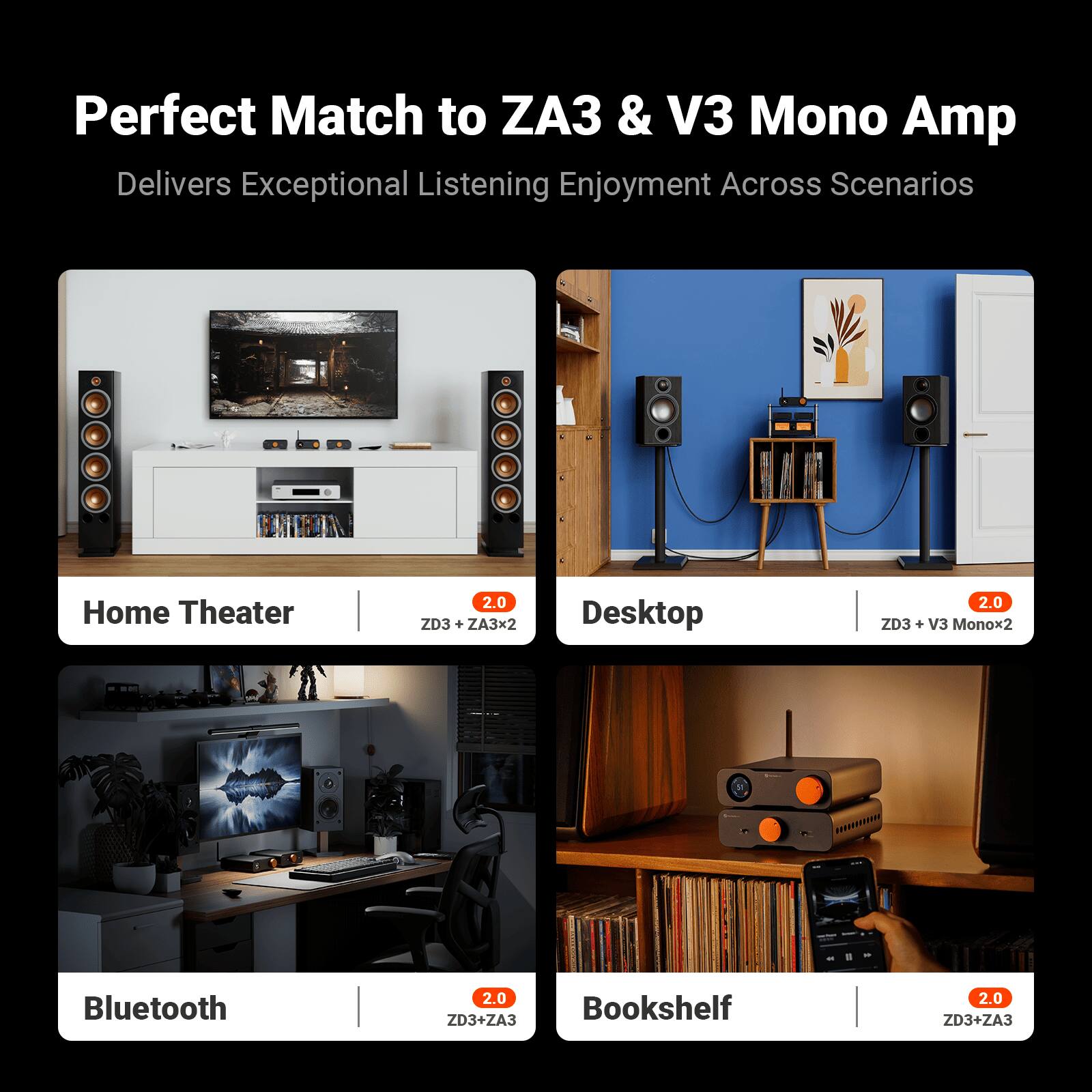 Perfect Match to ZA3 & V3 Mono Amp  
Delivers Exceptional Listening Enjoyment Across Scenarios  

Home Theater 2.0  
ZD3 + ZA3x2  

Desktop 2.0  
ZD3 + V3 Monox2  

Bluetooth 2.0  
ZD3+ZA3  

Bookshelf 2.0  
ZD3+ZA3