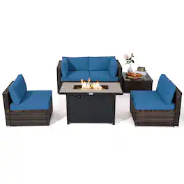 Costway - 6PCS Patio Furniture Set Rattan Cushioned Sofa Gas Fire Pit Table - Navy