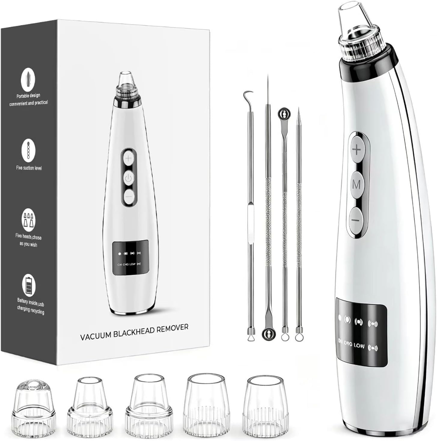 Portable design convenient and practical  
Five suction level  
Five heads, choose as you wish  
Battery inside, USB charging recycling  
VACUUM BLACKHEAD REMOVER
