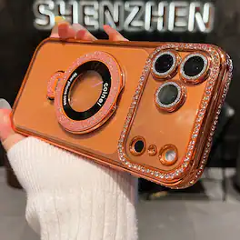 Dteck - Clear Glitter Case for Apple iPhone 17 Pro, Shockproof Slim Transparent Cover with 360 Rotating Metal Ring Stand - Orange
