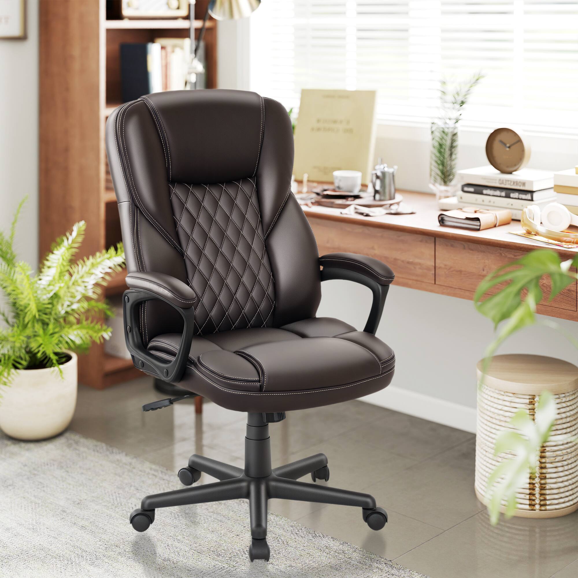 Alt View 8. Homcom - Office Chair High Back, PU Leather Executive Computer Desk Chair, Adjustable Height Lumbar Support Swivel Wheels - Brown.