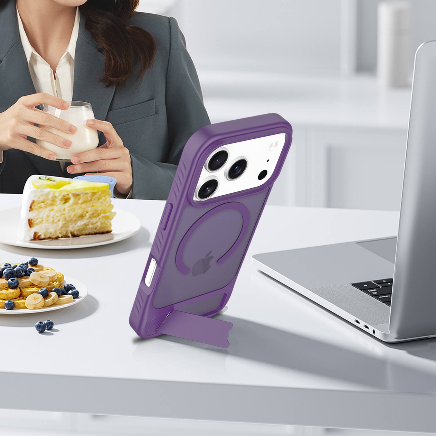 Alt View 3. Dteck - for Apple iPhone 17 Pro Max Translucent Matte Case,Shockproof Stand Slim Mag Safe Cover with Tempered Glass Flim - Darkpurple.