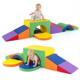 Gymax - 7PCS Soft Foam Climbing Blocks Set w/Slide & Tunnel Waterproof & Easy to Clean - Multicolor
