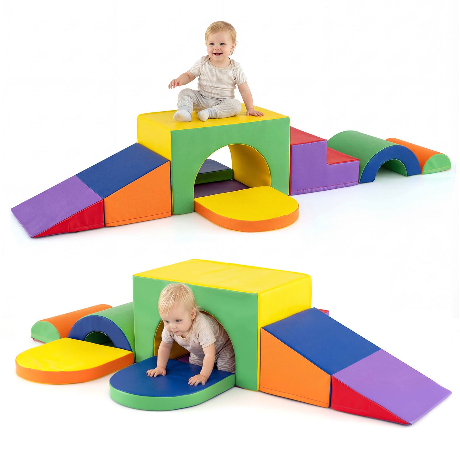 Gymax - 7PCS Soft Foam Climbing Blocks Set w/Slide & Tunnel Waterproof & Easy to Clean - Multicolor