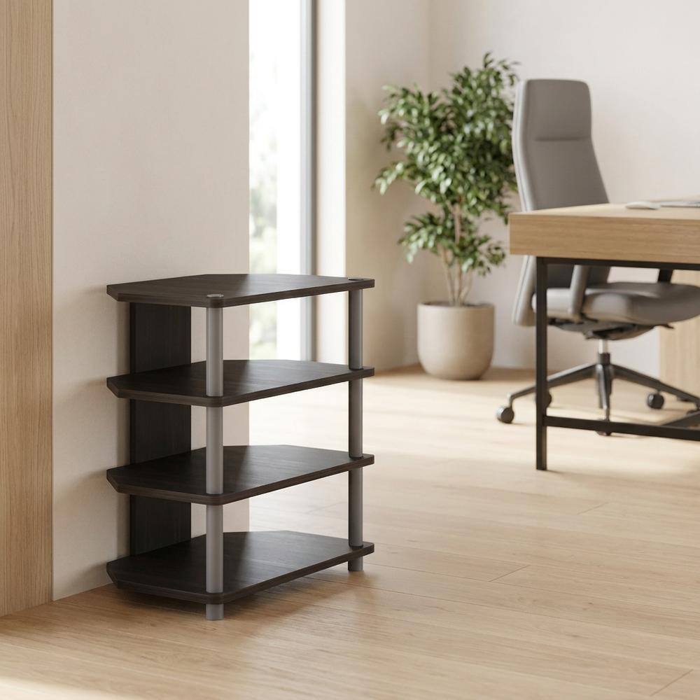 Angle. FurniFact - Espresso 4-Tier TV Stand, Easy Assembly, Composite Wood Construction - Brown Black.