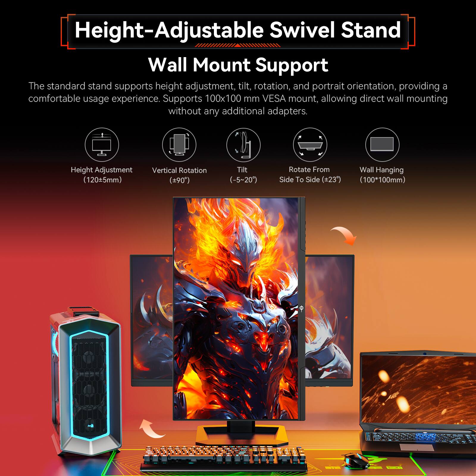 The image features a height-adjustable swivel stand wall mount support. This stand provides a comfortable usage experience by supporting height adjustment, tilt, rotation, and portrait orientation. It also allows for direct wall mounting without any additional adapters, thanks to its compatibility with 100x100 mm VESA mounts. The stand is designed to support a wide range of adjustments, including a height adjustment of up to 1205mm, vertical rotation of up to 90 degrees, and tilt adjustments of -5 to 20 degrees. Additionally, the stand allows for rotation from wall hanging to side to side, providing a versatile and convenient mounting solution for various display needs.