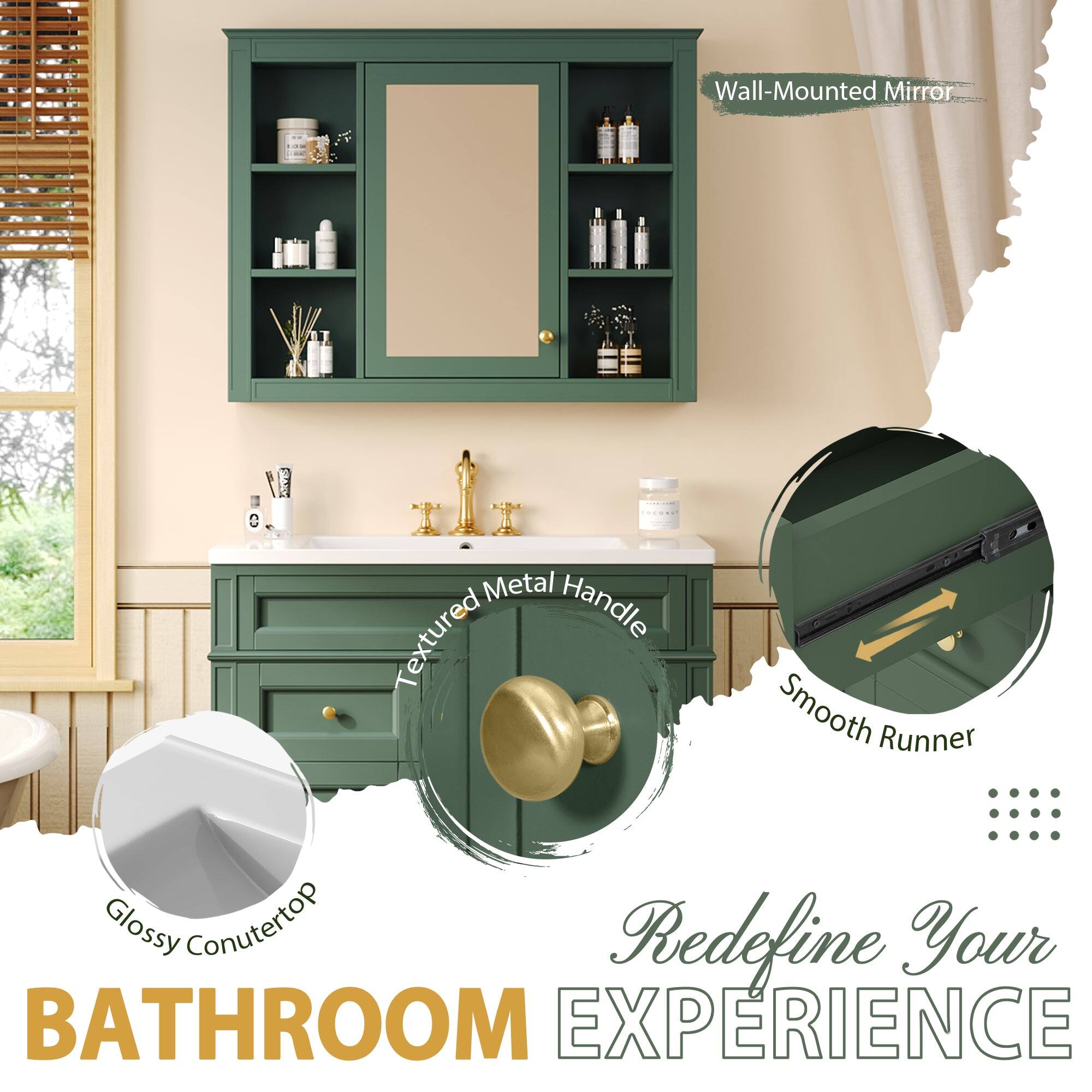 Wall-Mounted Mirror  
Metal Textured Handle  
Smooth Runner  
Glossy Countertop  
Redefine Your BATHROOM EXPERIENCE