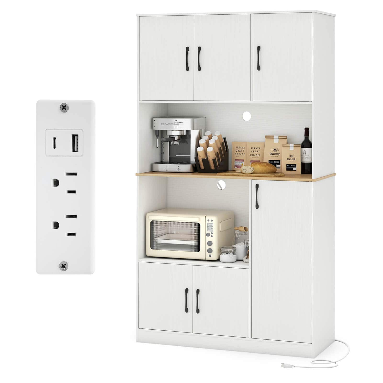 Costway - 71" Tall Kitchen Pantry Cabinet with Charging Station, Microwave Stand & Doors - White