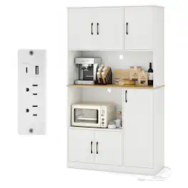 Costway - 71" Tall Kitchen Pantry Cabinet with Charging Station, Microwave Stand & Doors - White