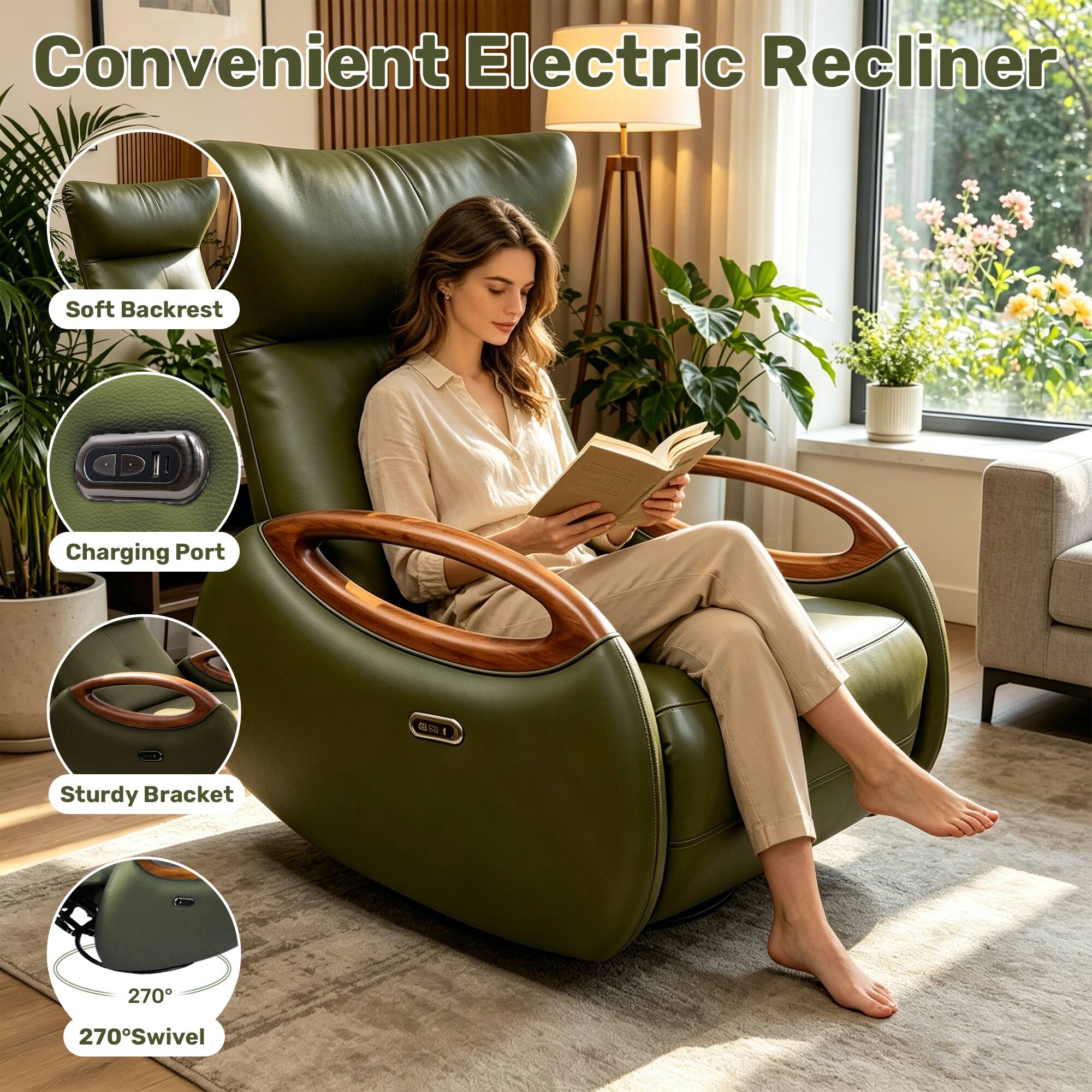 Convenient Electric Recliner

- Soft Backrest
- Charging Port
- Sturdy Bracket
- 270° Swivel