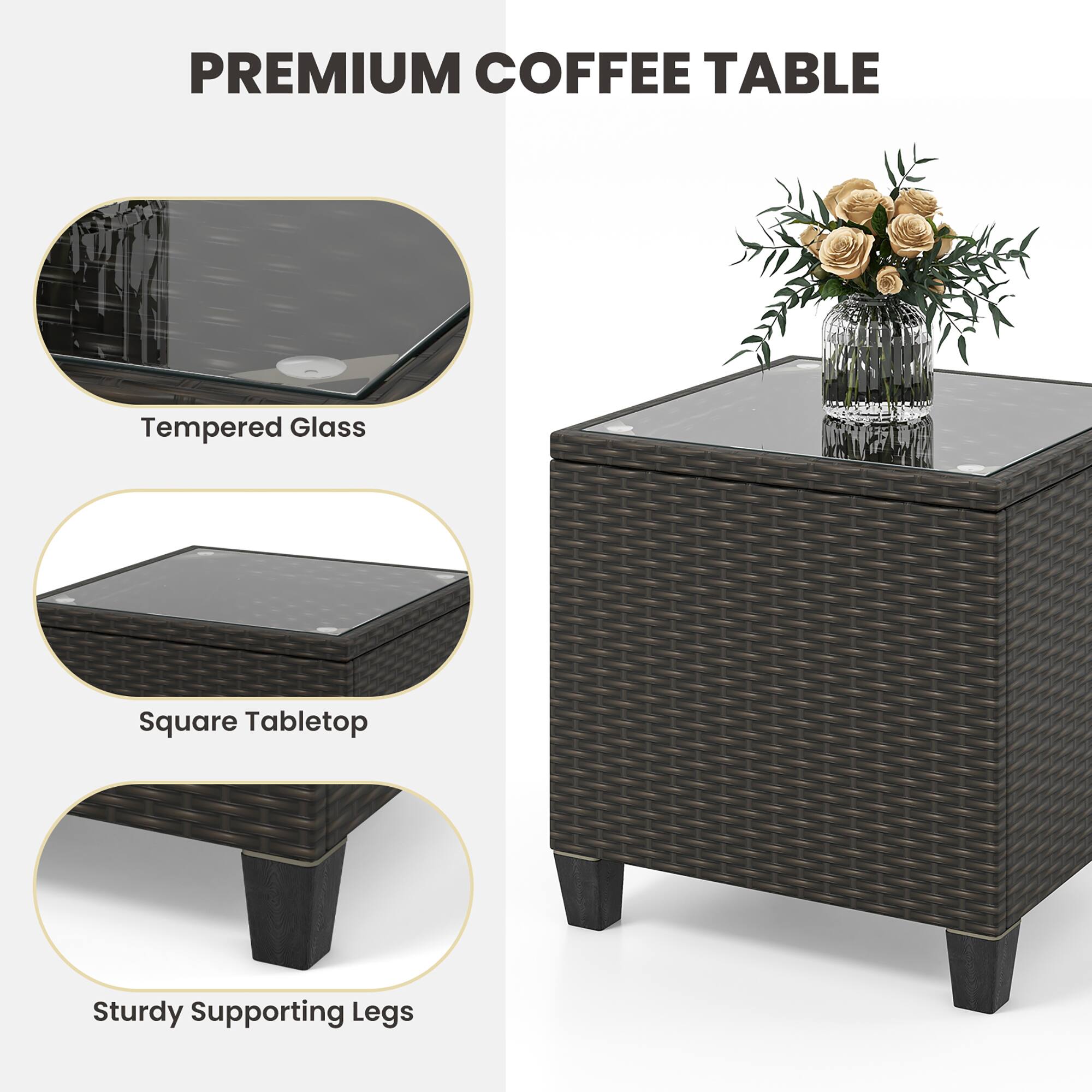 PREMIUM COFFEE TABLE

Tempered Glass
Square Tabletop
Sturdy Supporting Legs