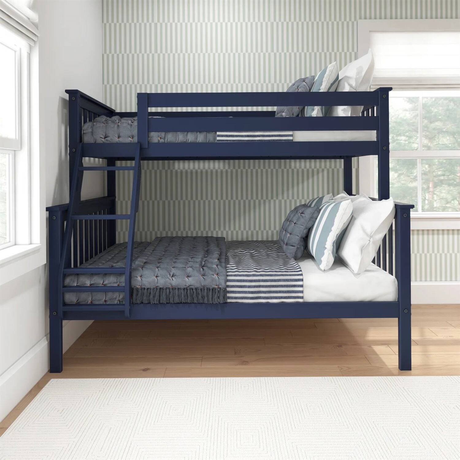 Angle. SlickBlue - Solid Wood Bunk Bed for Kids and Teens with Sturdy Frame - Navy Blue.