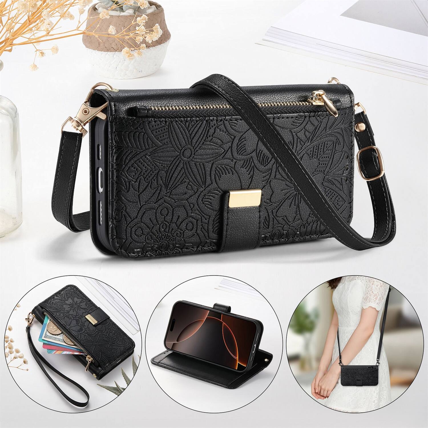 Alt View 7. Dteck - Floral Embossed Leather Zipper Cash Slot Wallet Case for Apple iPhone 17 with Detachable Strap - Black.