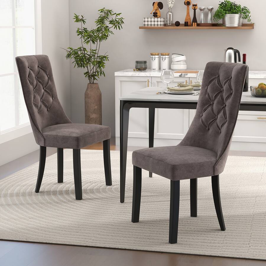 Gymax Tufted Dining Chairs Set of 2 w/ High Backrest Rubber Wood Legs ...