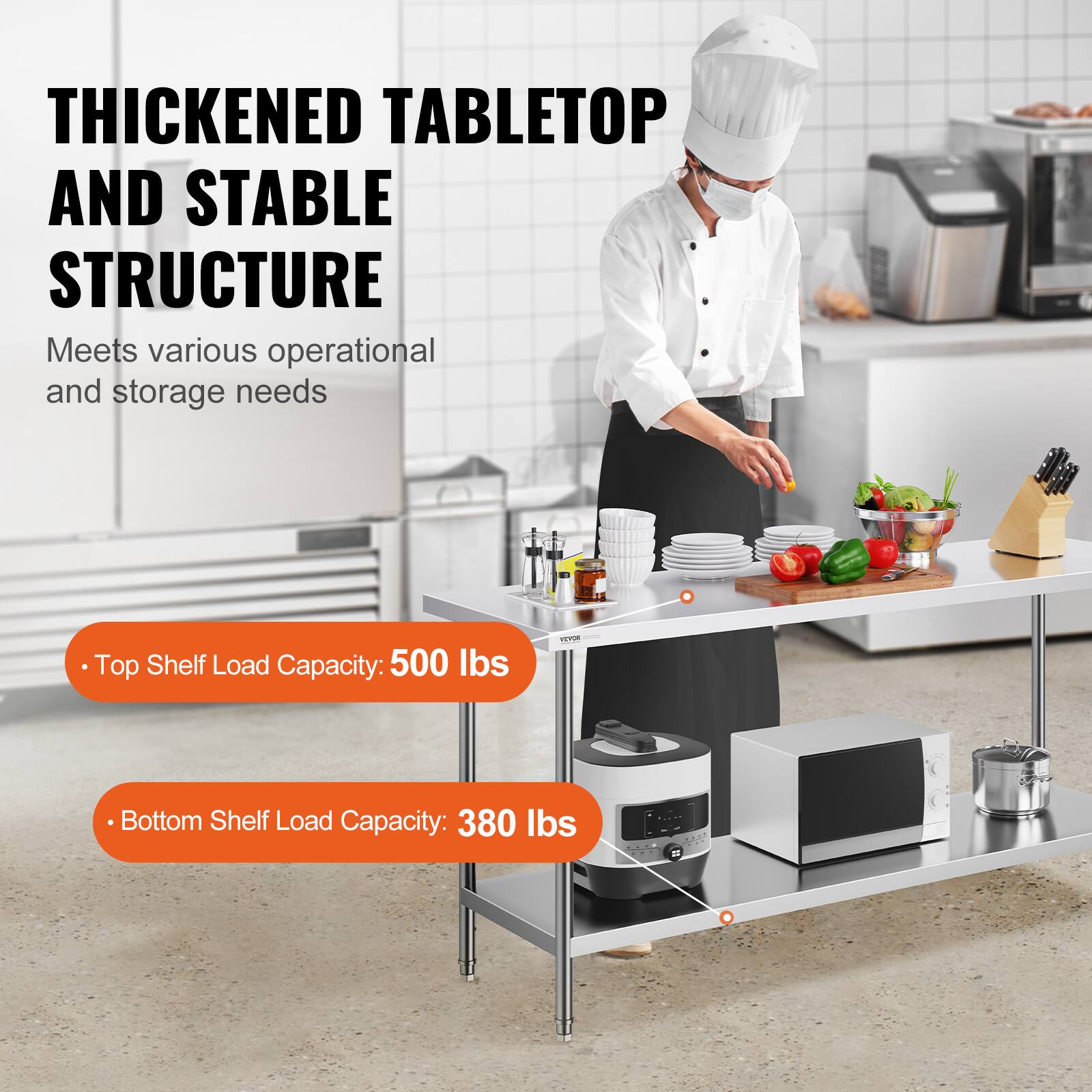 **Thickened Tabletop and Stable Structure**

Meets various operational and storage needs

- Top Shelf Load Capacity: 500 lbs
- Bottom Shelf Load Capacity: 380 lbs