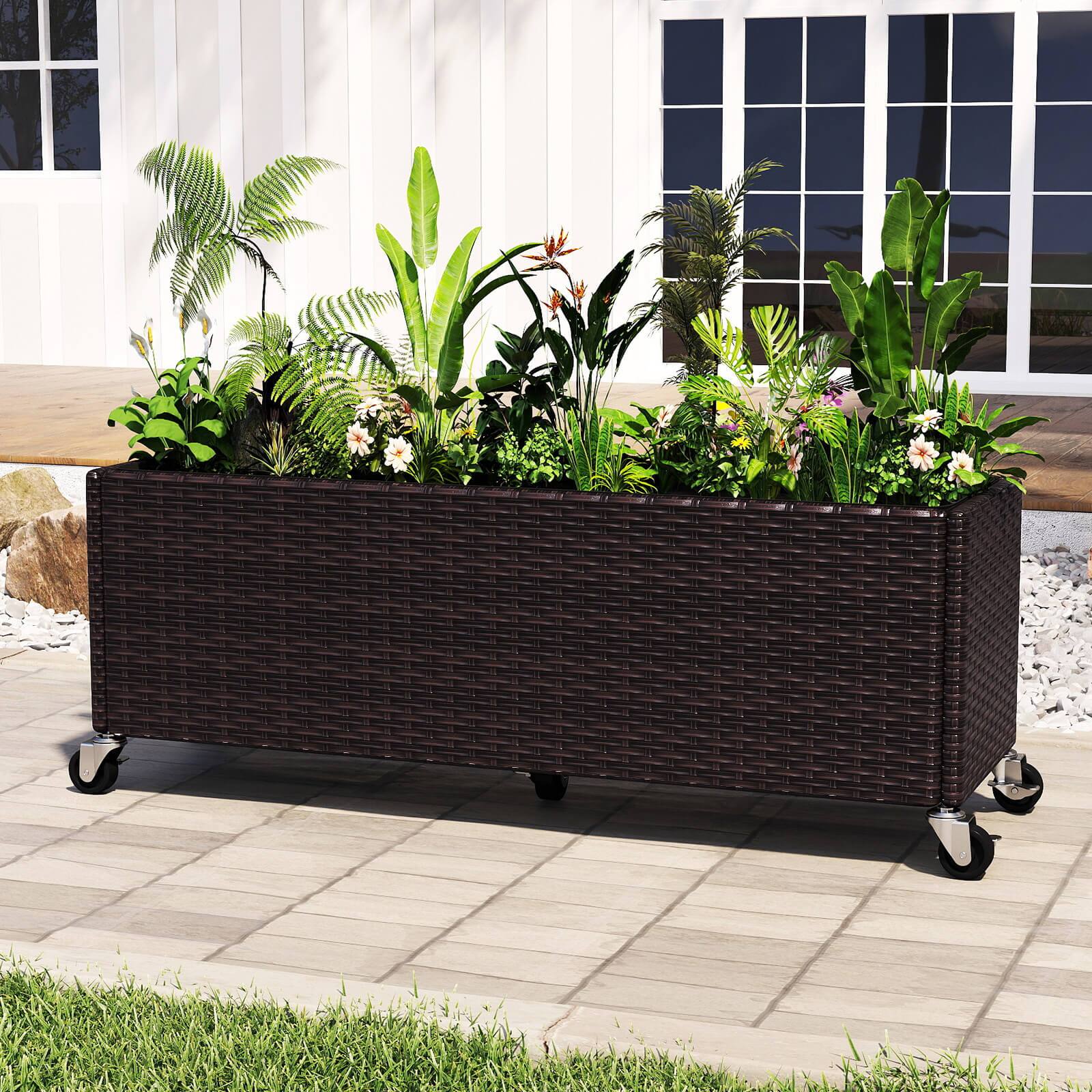 Alt View 1. Costway - Costway 1 PCS Raised Garden Bed All-Weather PE Rattan Wicker Patio Planter Box with Wheels - Brown.