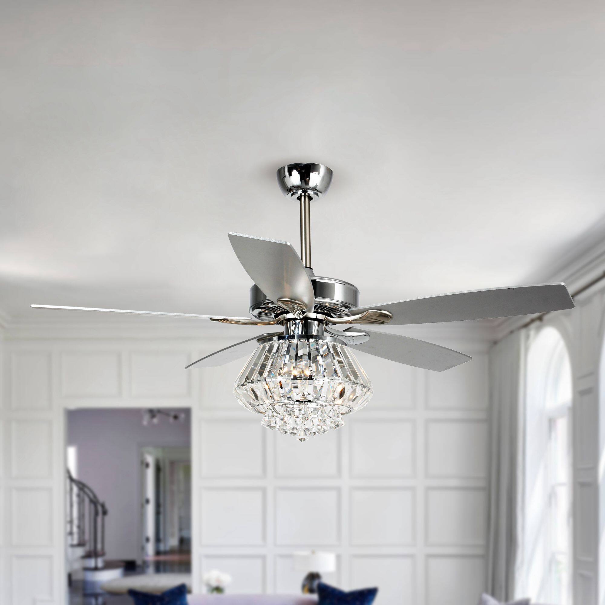 Left. Parrot Uncle - Modern 52" Chrome Crystal Ceiling Fan with Remote Control - Chrome.