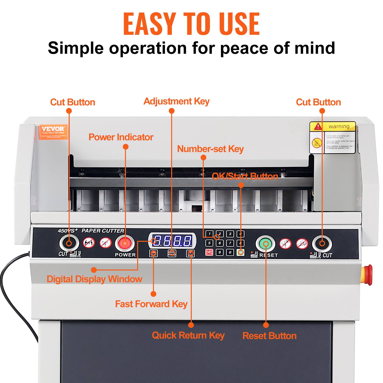 EASY TO USE  
Simple operation for peace of mind  

Cut Button  
Adjustment Key  
Cut Button  

VEVOR  

Power Indicator  
Number-set Key  
OK/Start Button  

450V+ PAPER CUTTER  
3.68.8 CUT  
POWER D 5 BL 1 2 3 P 6  

Digital Display Window  
Fast Forward Key  
Quick Return Key  
Reset Button