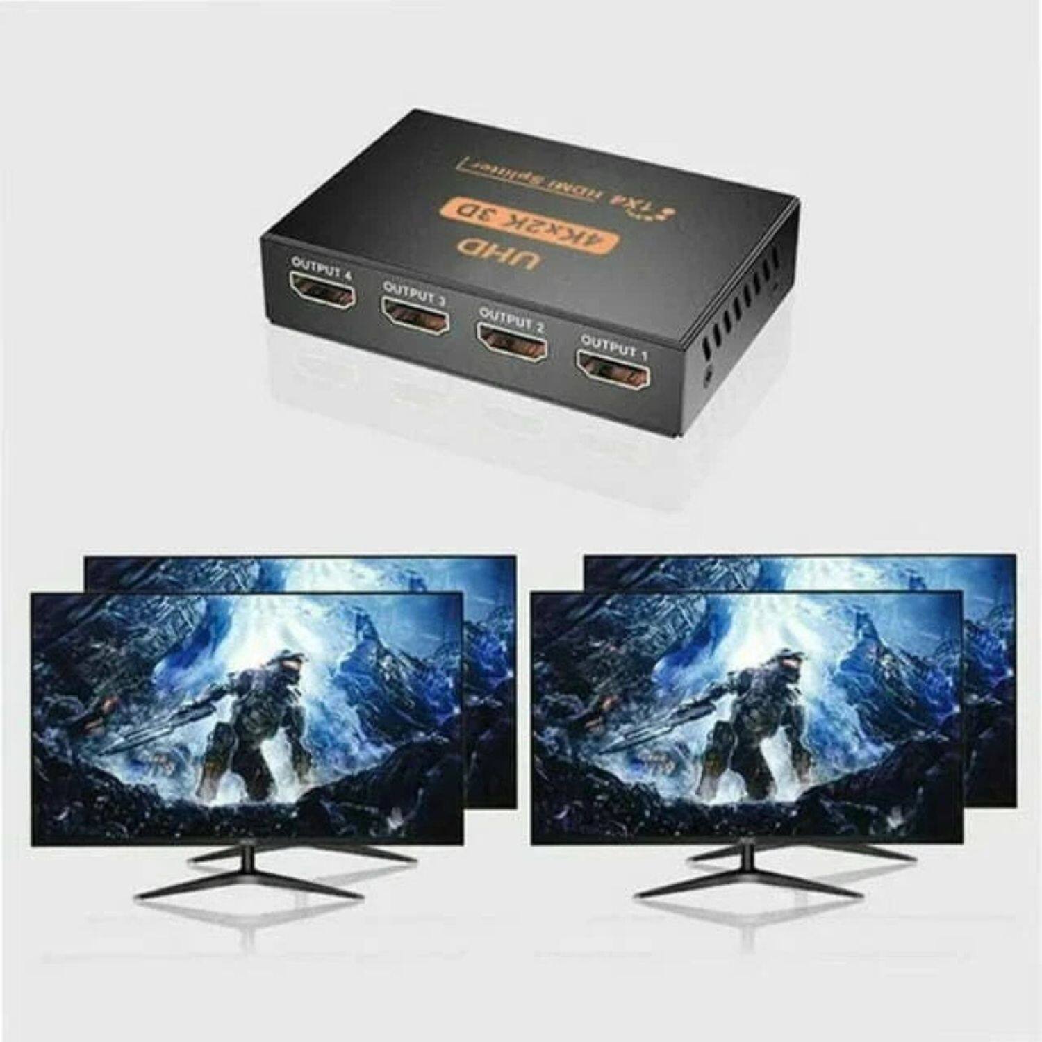 Sure, here is the corrected and grouped text:

**Device Label:**
- 4Kx2K UHD
- HDMI 2.0
- 4 Outputs

**Outputs:**
- OUTPUT 1
- OUTPUT 2
- OUTPUT 3
- OUTPUT 4