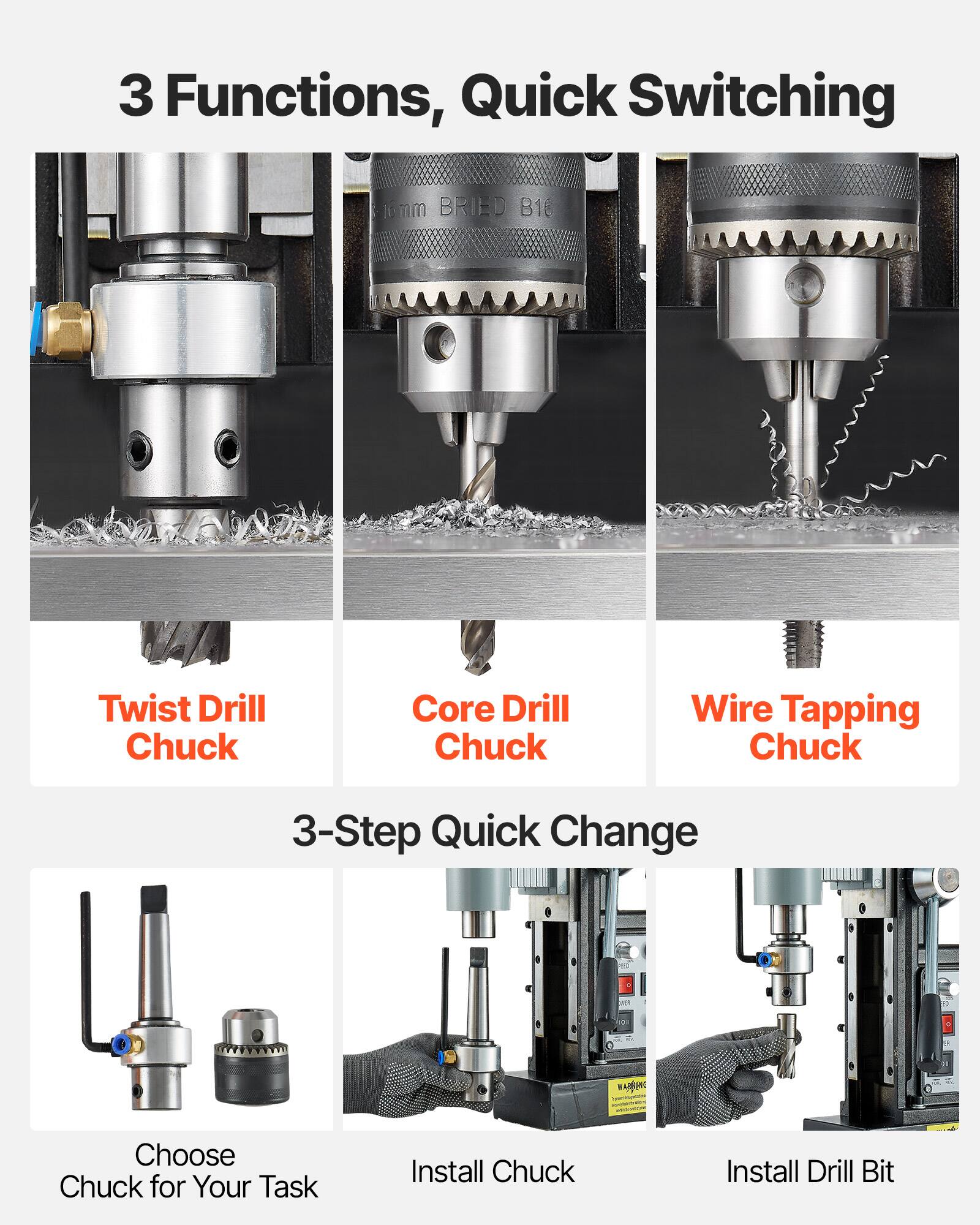 3 Functions, Quick Switching

16mm BRIED B16

Twist Drill Chuck
Core Drill Chuck
Wire Tapping Chuck

3-Step Quick Change

Choose Chuck for Your Task
Install Chuck
Install Drill Bit