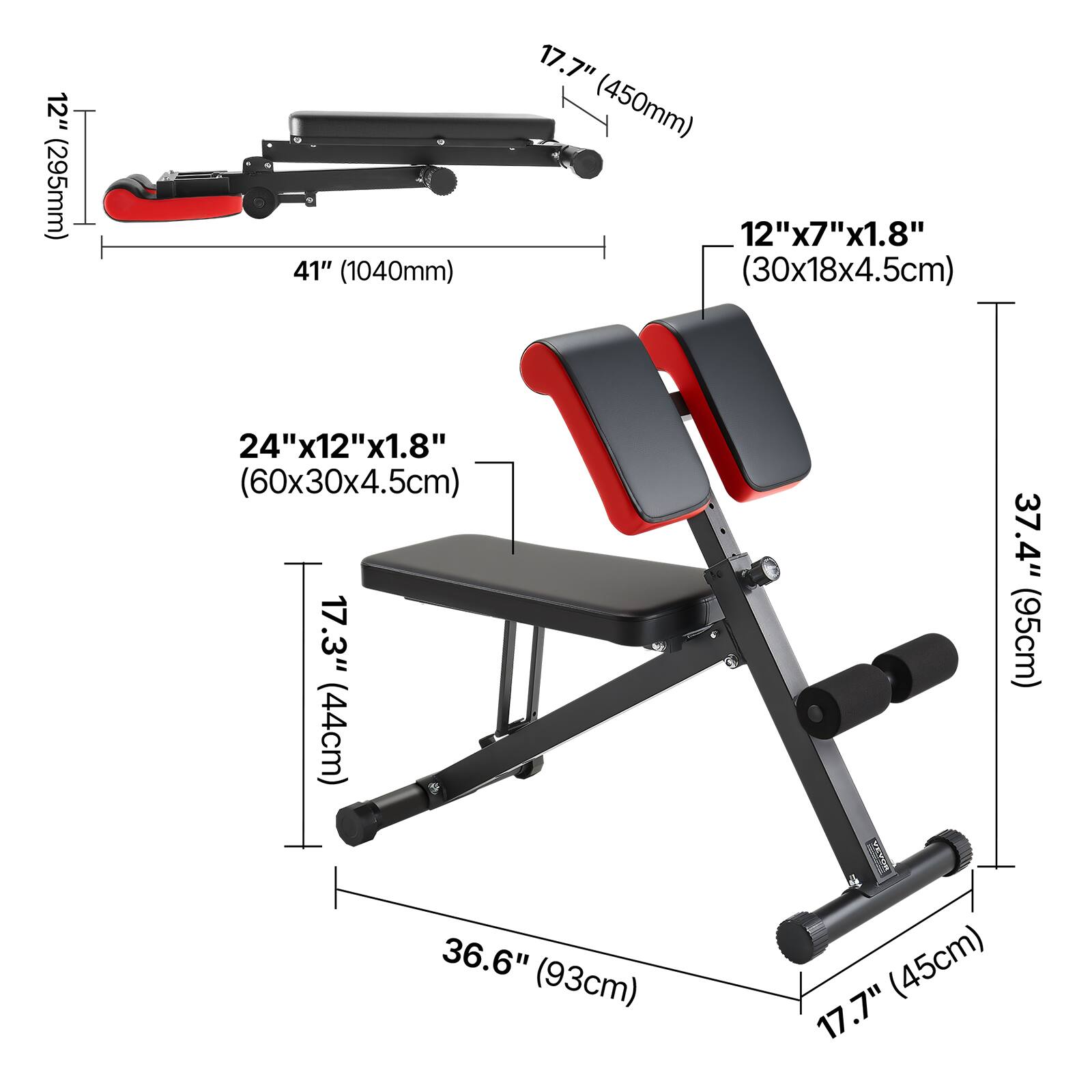 - 12" (295mm)
- 41" (1040mm)
- 17.7" (450mm)
- 12"x7"x1.8" (30x18x4.5cm)
- 24"x12"x1.8" (60x30x4.5cm)
- 17.3" (44cm)
- 37.4" (95cm)
- 36.6" (93cm)
- 17.7" (45cm)