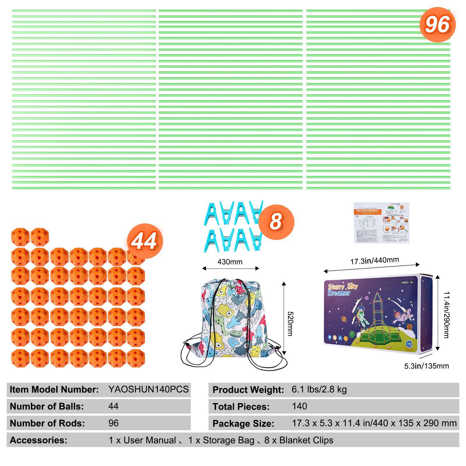 **Item Model Number:** YAOSHUN140PCS

**Number of Balls:** 44

**Number of Rods:** 96

**Accessories:** 1 x User Manual, 1 x Storage Bag, 8 x Blanket Clips

**Product Weight:** 6.1 lbs / 2.8 kg

**Total Pieces:** 140

**Package Size:** 17.3 x 5.3 x 11.4 in / 440 x 135 x 290 mm

**Product Dimensions:**
- 430mm (17.3in)
- 520mm (20.5in)
- 11.4in / 290mm

**Starry Sky Dreamer**  
**Ages 4+**