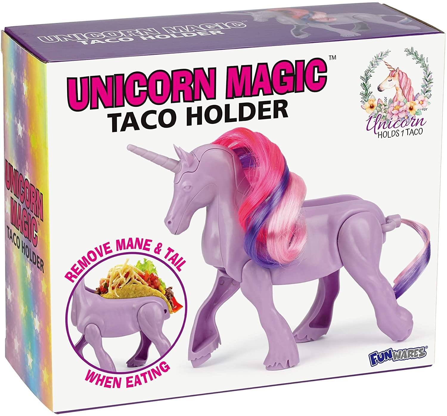 UNICORN MAGIC TACO HOLDER  
UNICORN HOLDS 1 TACO  
REMOVE MANE & TAIL WHEN EATING  
FUNWARES'