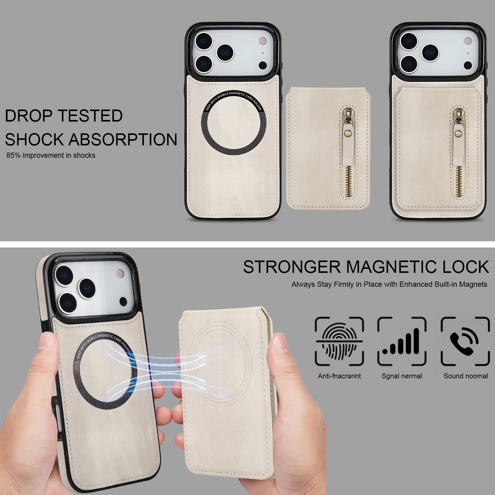 DROP TESTED SHOCK ABSORPTION  
85% improvement in shocks  

STRONGER MAGNETIC LOCK  
Always Stay Firmly in Place with Enhanced Built-in Magnets  

Anti-fnacrarint  
Signal normal  
Sound noomal