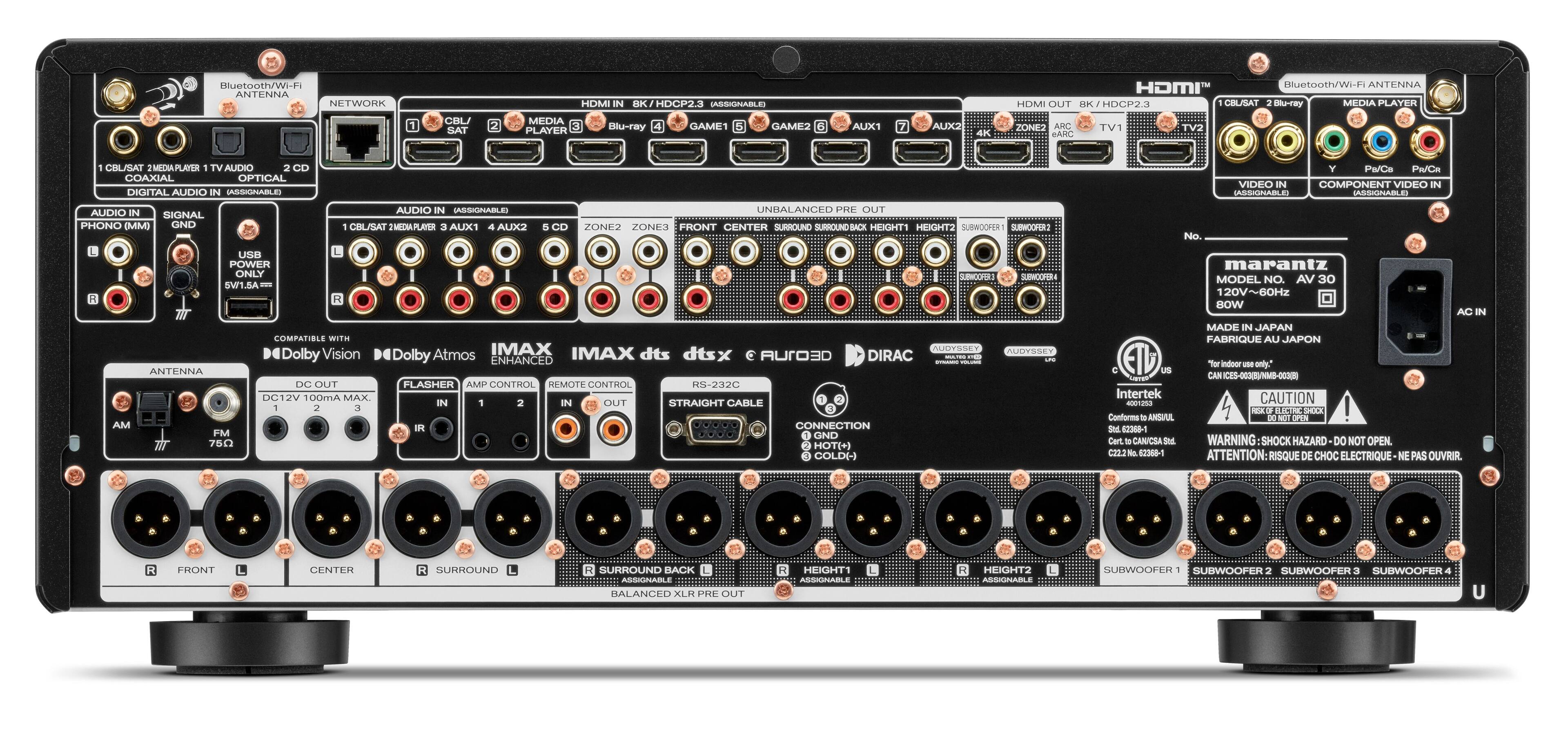 Bluetooth/Wi-Fi ANTENNA NETWORK HDMI IN BK HDCP2.3 ASSIGNABLE Bluetooth/WiFi ANTENNA HOMI HOM OUT BK BK/HDCP2.3 CEL/BAT Blu-ray MEDIA PLAYER GBU/ SAT MEDIA PLAYER Blu-ray GAME GAME ALX1 AUX 4K 201E2 ARO BARO TV1 CBL/SAT JMECA PLAYER TV AUDIO CD COAXIAL OPTICAL DIGITAL AUDIO IN IAGAONALE PICs PICa VIDEO IN COMPONENT VIDEO IN ASSIGNABLE AUDIO IN SIGNAL PHONO (MIM) GND AUDIO IN IASGIGINABLE CULALAT 2MECULPLAR AUX1 AUX2 UNBALANCED PO OUT CD ZONE2 ZONE3 FRONT CENTER SURROUND SURROUND-BACK HEIGHT1 HEIGHT2 SUBWOOPER ERMCIOWLE No. USH POWER ONLY Aa.rt EXPOOMBE LPMCCP marantz MODEL NO. AV 20V~60Hz HOW AC IN ANTENNA AM FM 7502 COMPATIBLE WITH Dolby Vision DC OUT DC1 2 100mA MAX IMAX NUUTSSEY Dolby Atmos IMAX dts dtsx C