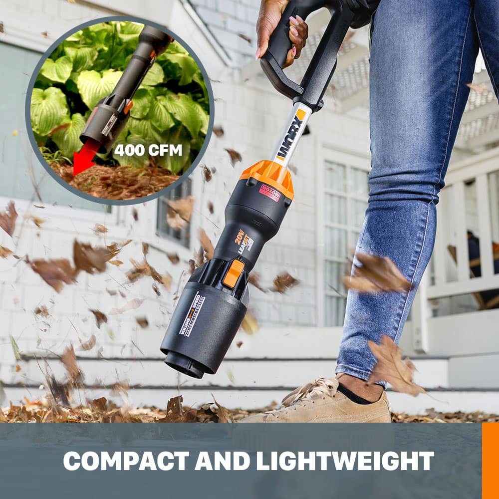 The text on the image reads: "400 CFM WORX TOOW 20W LEAFET RACKER RXEE PHITIOA UNESNE COMPACT AND LIGHTWEIGHT."