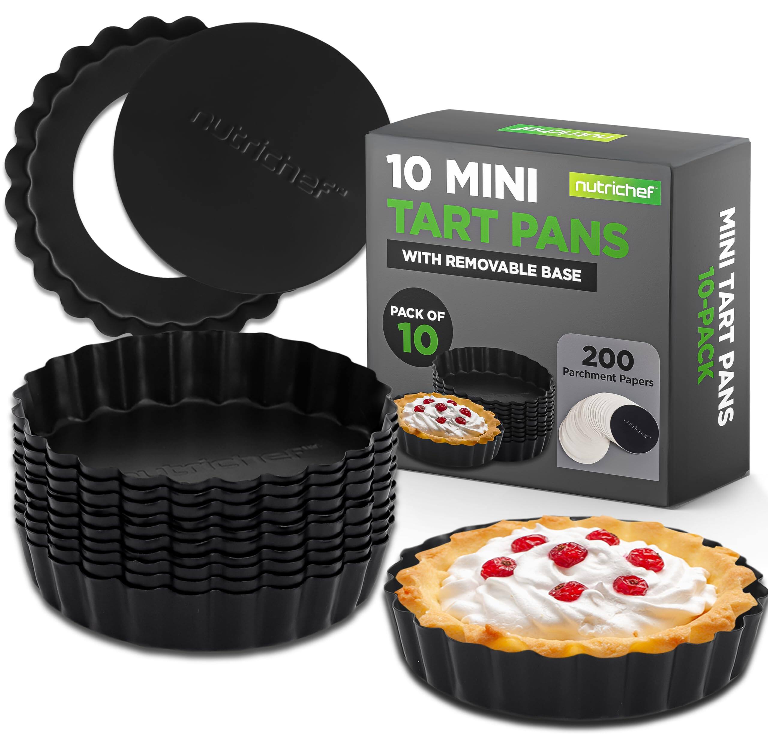 nutrichef 10 MINI TART PANS WITH REMOVABLE BASE PACK OF 10 200 Parchment Papers