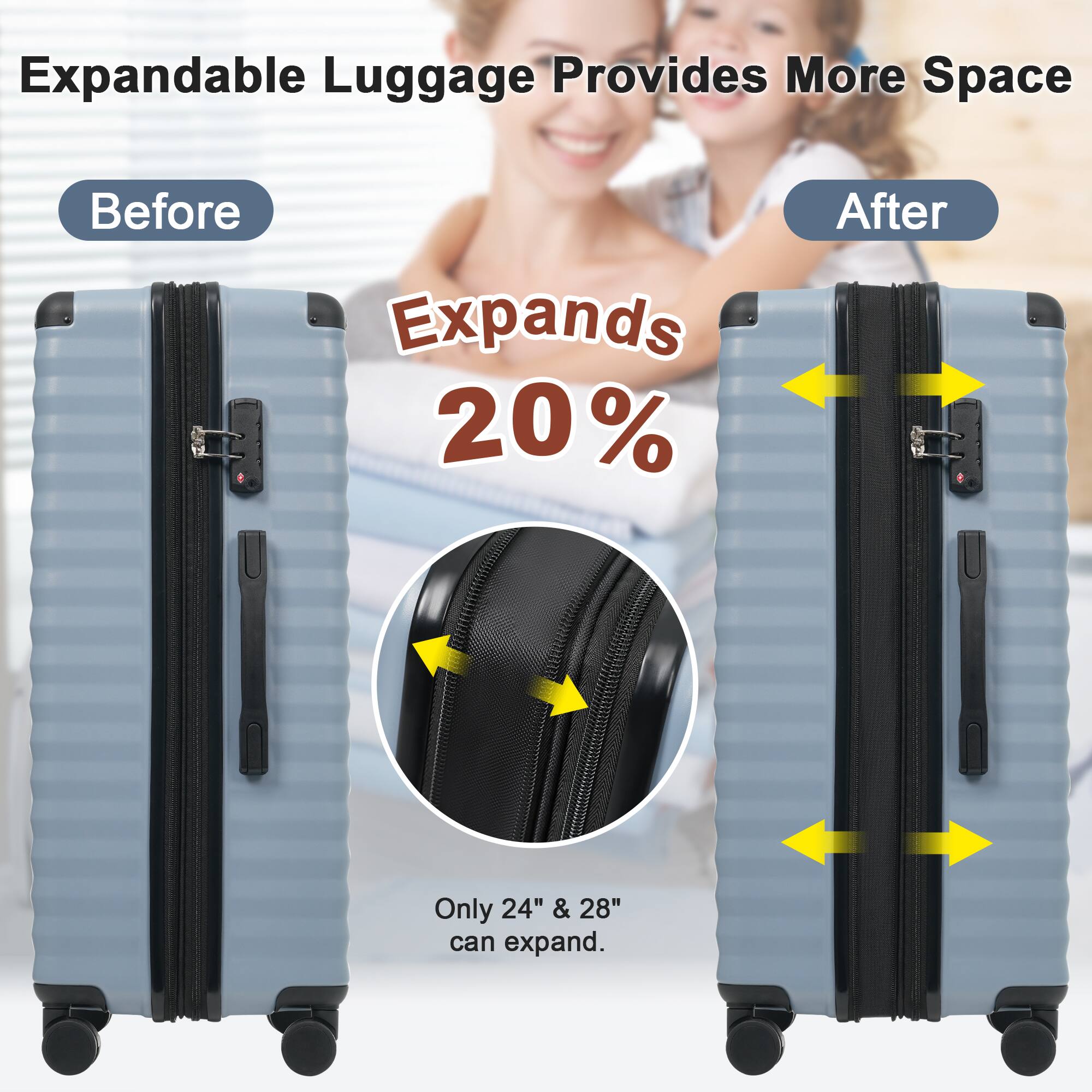 Expandable Luggage Provides More Space

Before

Expands 20%

After

Only 24" & 28" can expand.