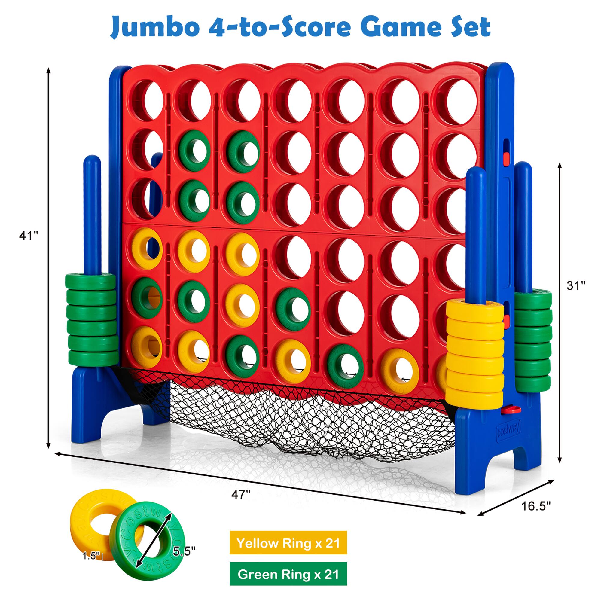 Jumbo 4-to-Score Game Set

41"
31"
47"
Yellow Ring x 21
Green Ring x 21
16.5"