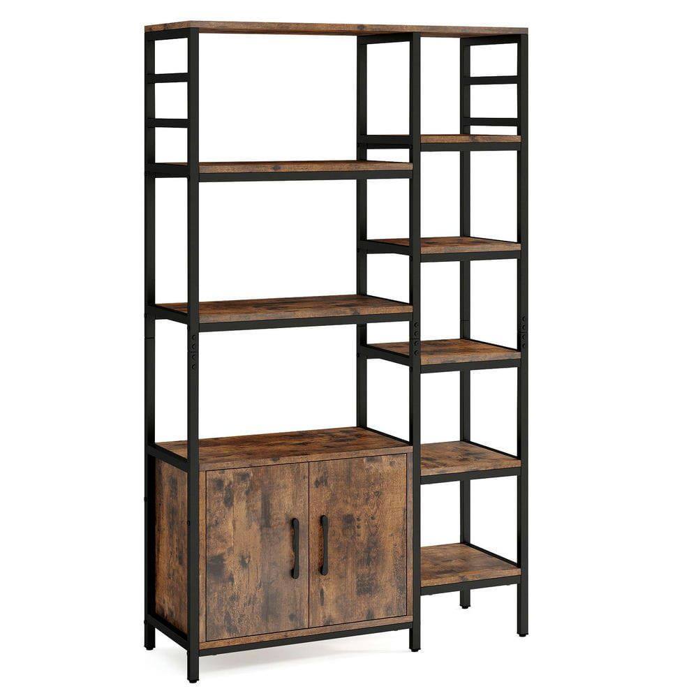Alt View 2. Kadyn - Double Wide 8-Tier Bookshelf with 2-Door Cabinet - Living Room & Home Office, Rustic Brown & Black - Brown.