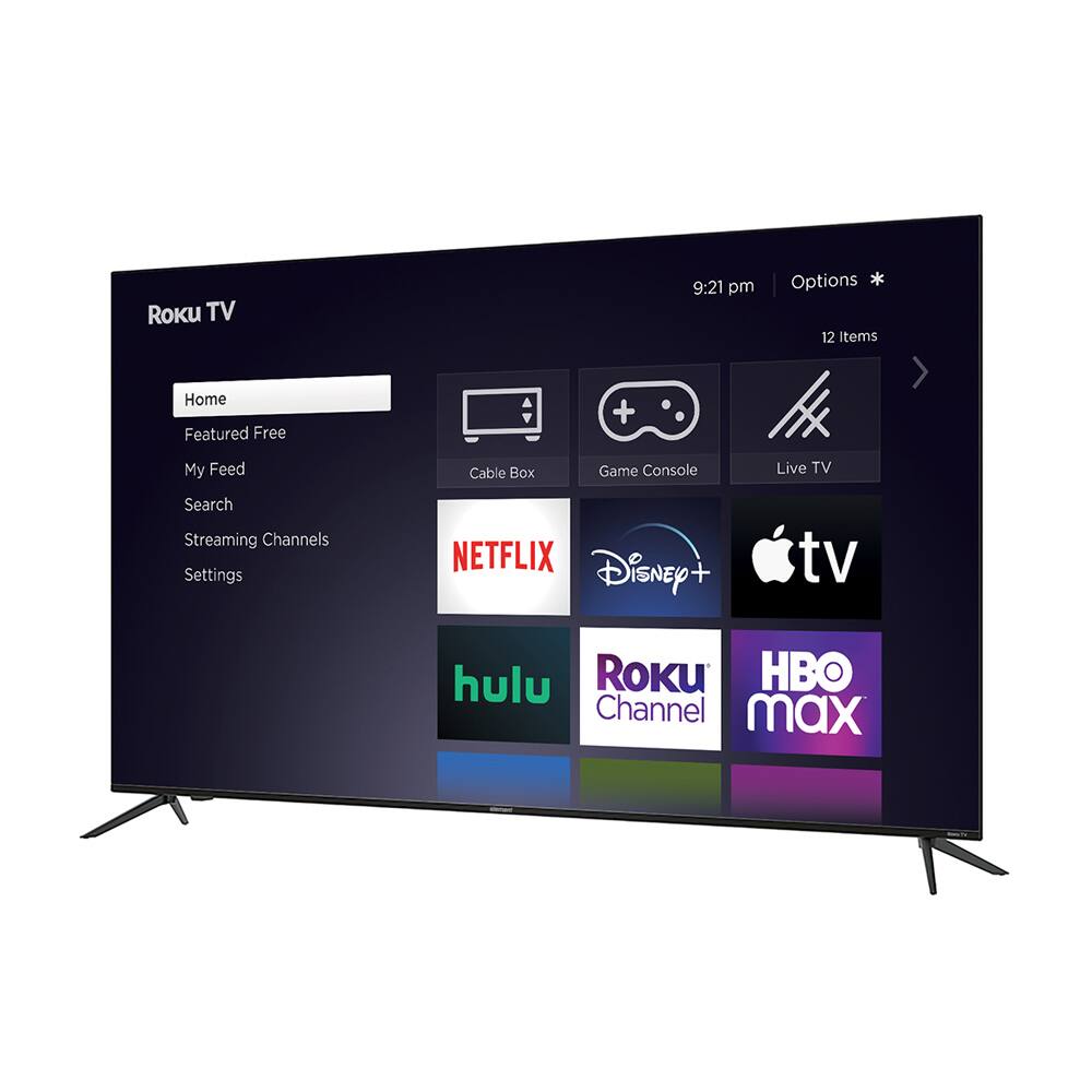 Roku TV  
9:21 pm  
Options *  
12 Items  

Home  
Featured Free  
My Feed  
Search  
Streaming Channels  
Settings  

Cable Box  
Game Console  
Live TV  

NETFLIX  
Disney+  
Apple TV  
hulu  
Roku Channel  
HBO Max