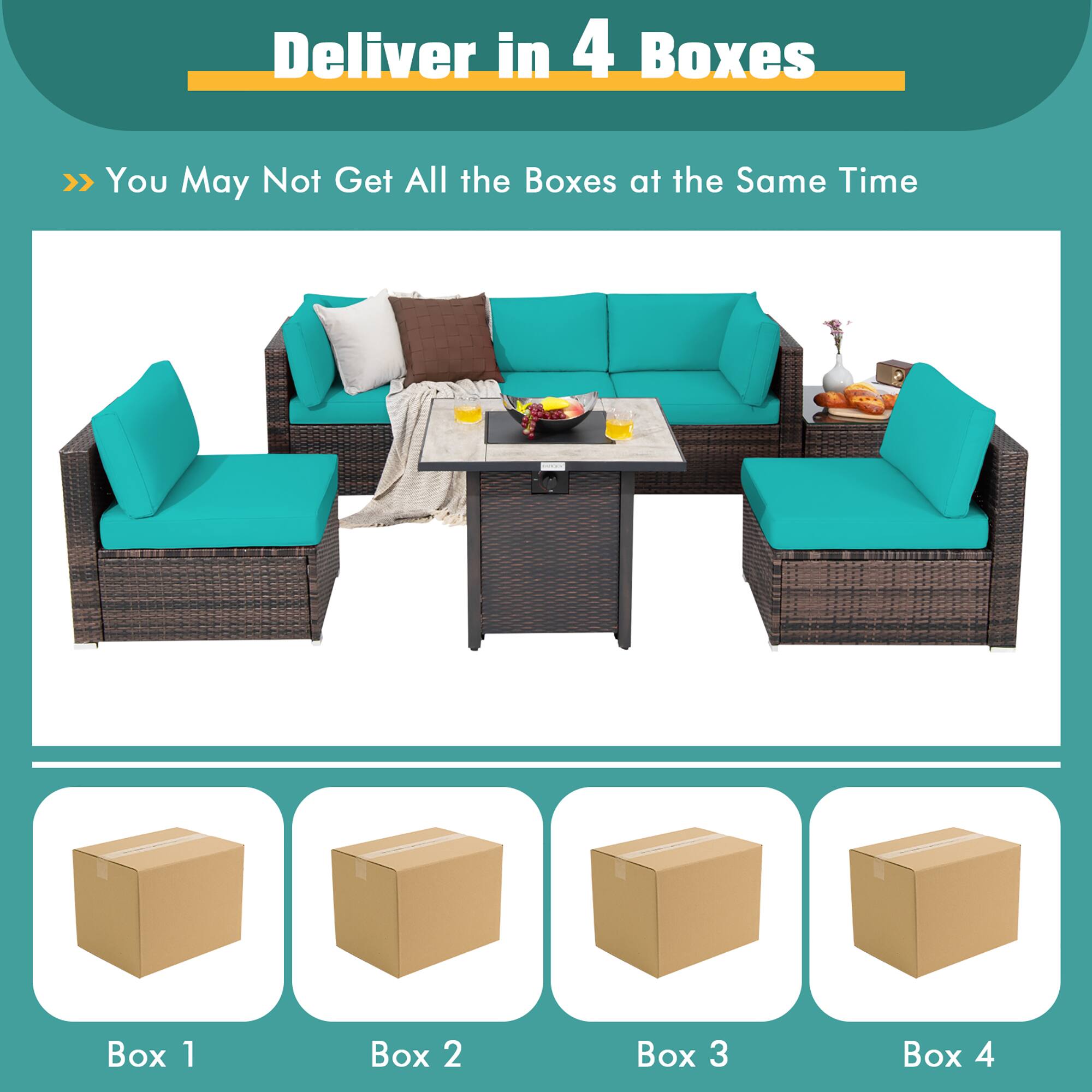 Deliver in 4 Boxes  
>> You May Not Get All the Boxes at the Same Time  

Box 1  
Box 2  
Box 3  
Box 4